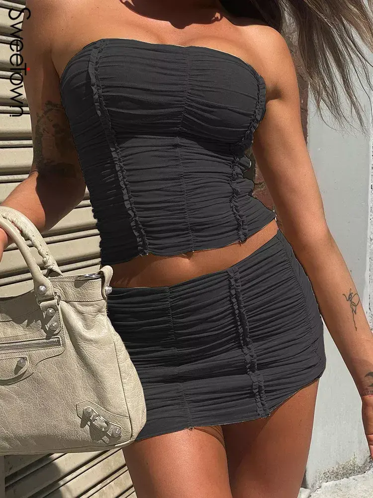 Thumbnail: Slim Gorgeous Beach Two Pieces Skirts Sets Women Ruched Stitching Mesh Strapless