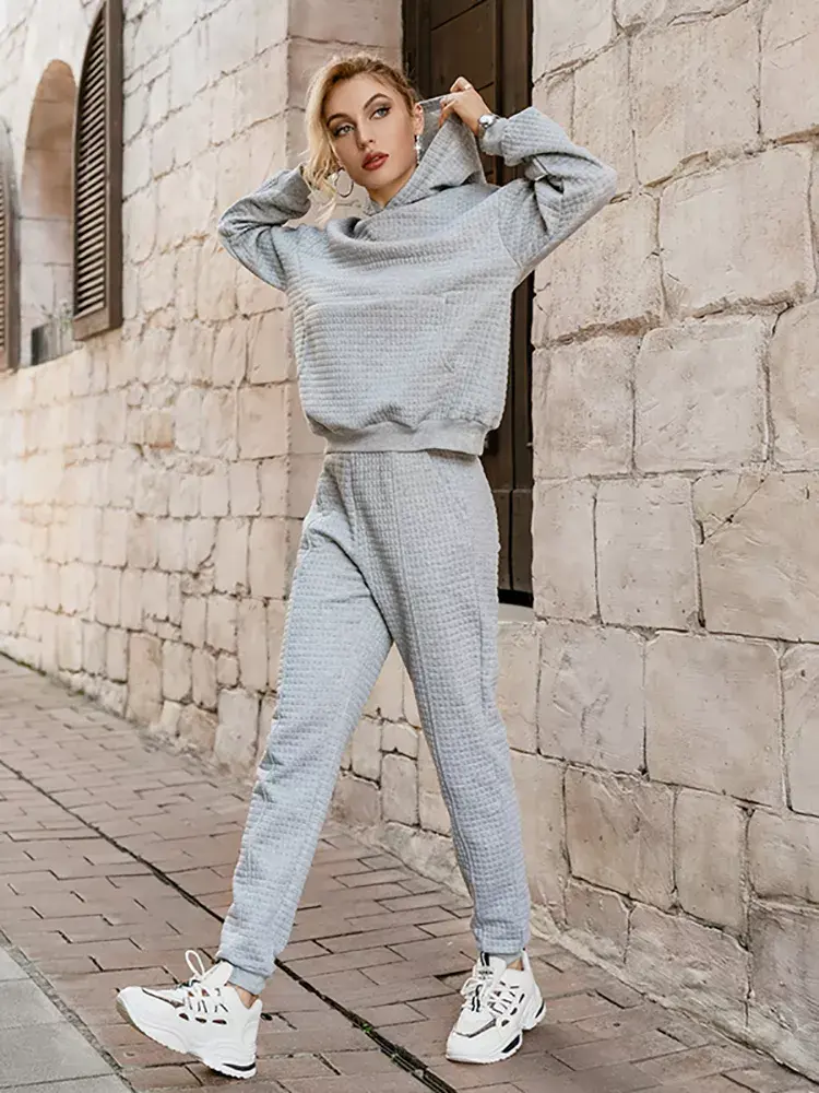 Thumbnail: Casual pocket hooded tracksuit Office elastic soft drop sleeves sweatshirt pant