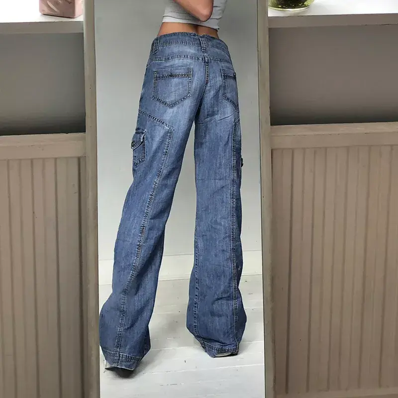 Pikkukuva: Low Waist Wide Leg Jeans Pockets Cargo Pants Women Aesthetic Denim Trousers