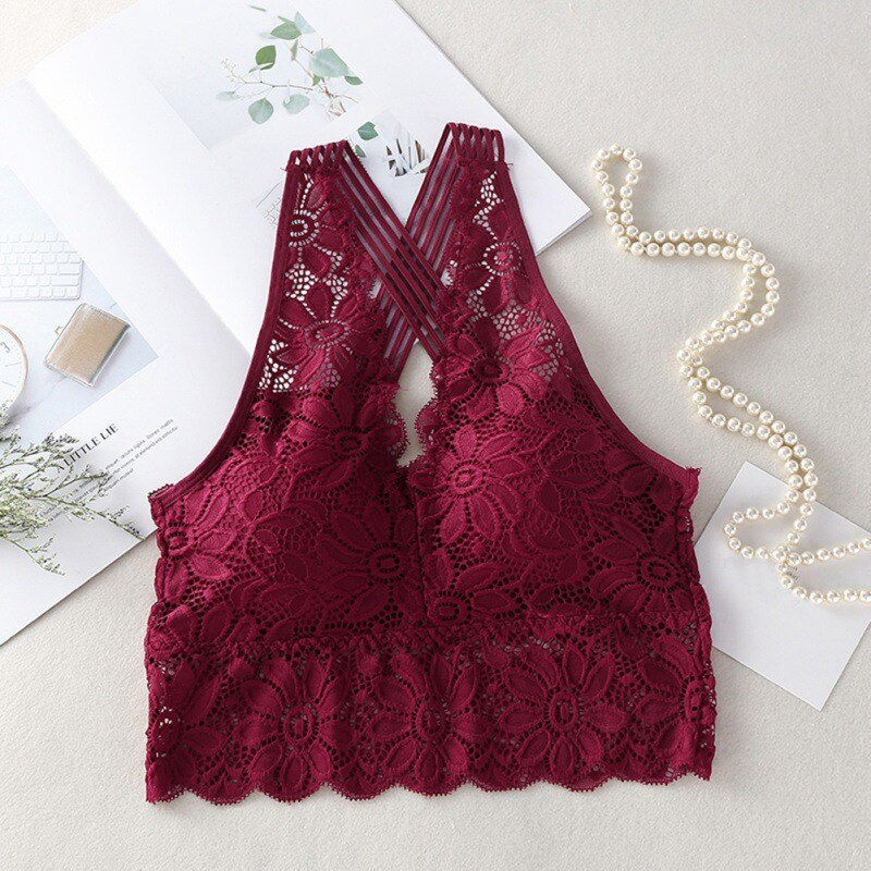 Miniature : Gorgeous Floral Bras For Women Lace Bralette Backless Wireless Crop Top Fashion