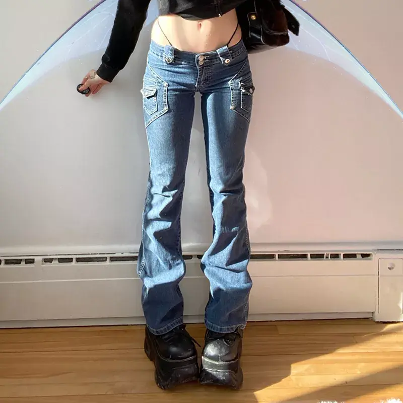 Thumbnail: Y2K Low Waisted Jeans Blue Pockets Bandage Fashion Cargo Pants Aesthetic