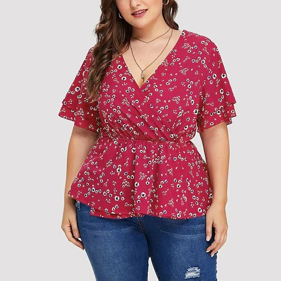 サムネイル： Plus Size Flower Print Tops Women's Fashion blouse V Neck Short Sleeve Shirts