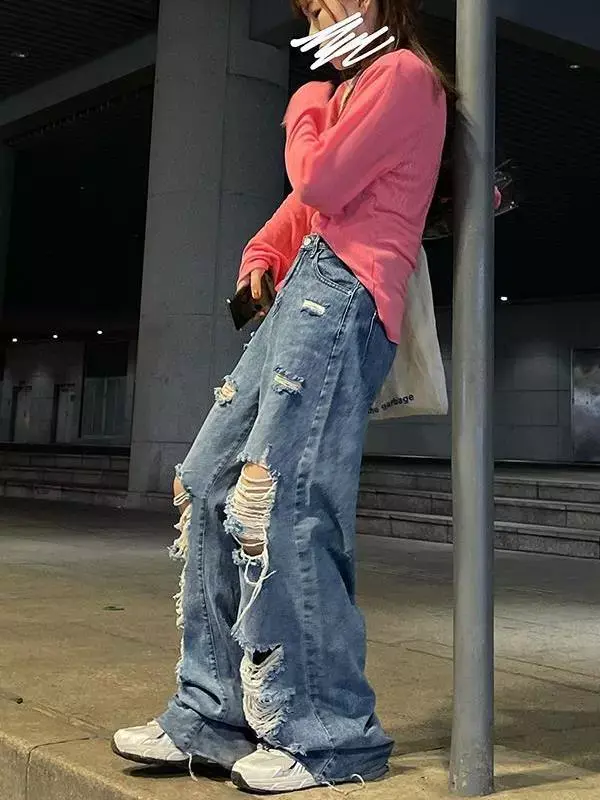 Thumbnail: Straight Pants Ladies Ripped Jeans High Waist Loose Wide Leg Pants Ladies