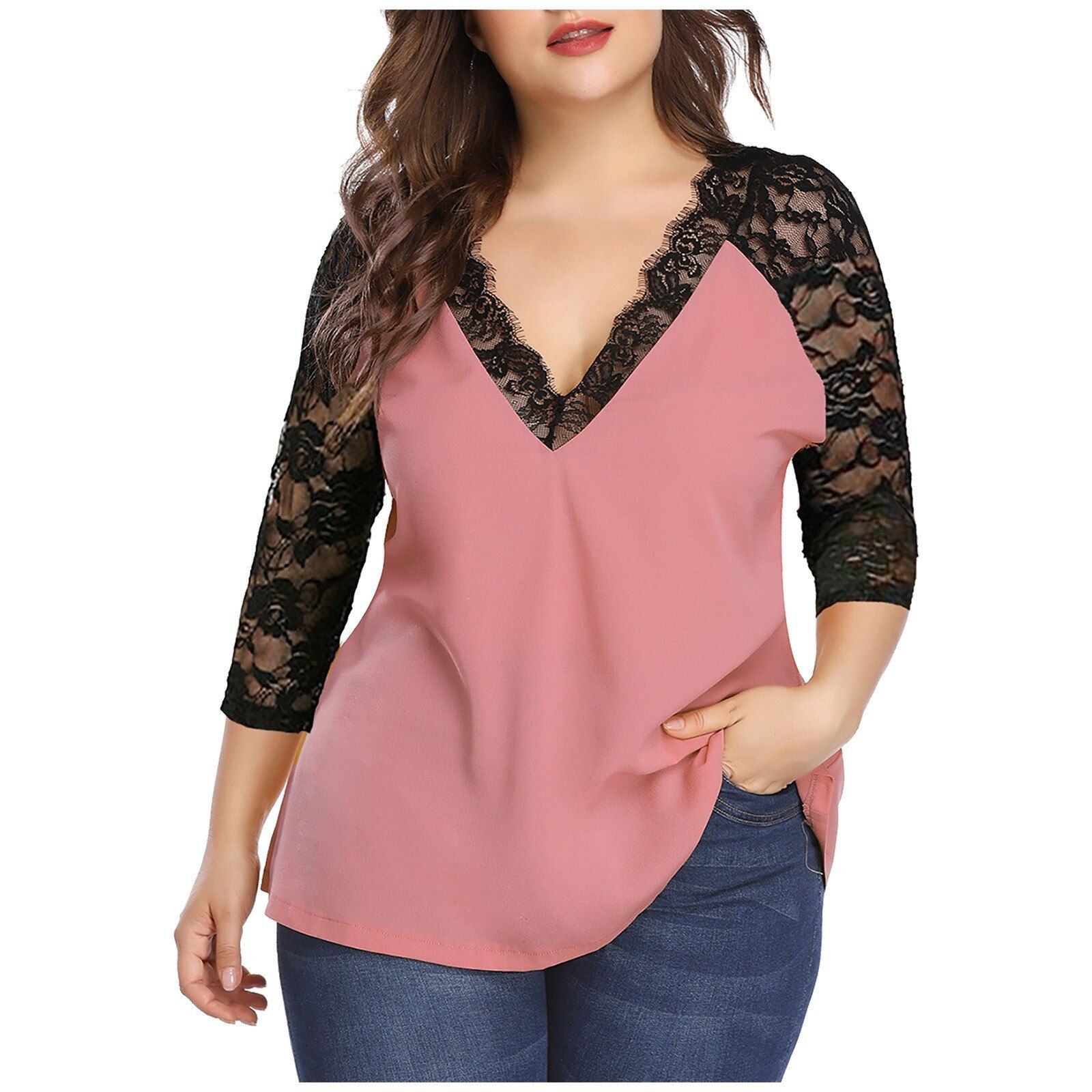 Plus Size Lace Blouse Women Summer Autumn Casual Long Sleeve V-Neck Lace