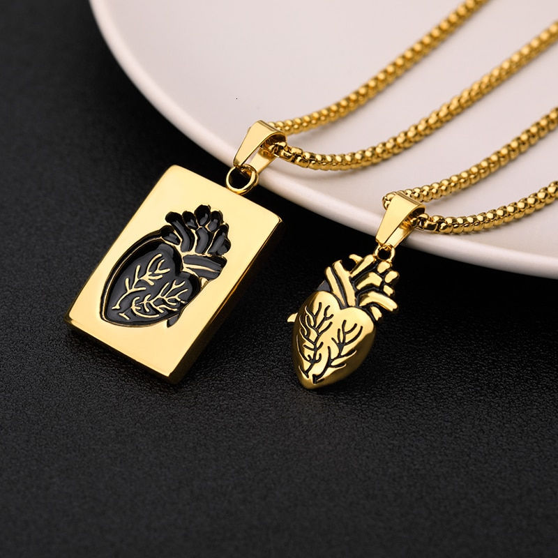 Thumbnail: Gothic Anatomical Heart Pendant Necklace Set & Puzzle Couple  Stainless Steel