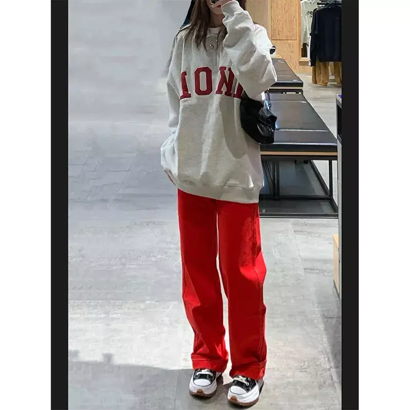 Thumbnail: Street Red Jeans Women's New Loose American Retro High Waist Wide Leg