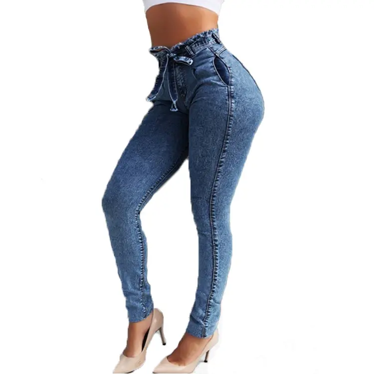 Thumbnail: High Waist Jeans For Women Slim Stretch Denim Jean Bodycon Tassel Belt
