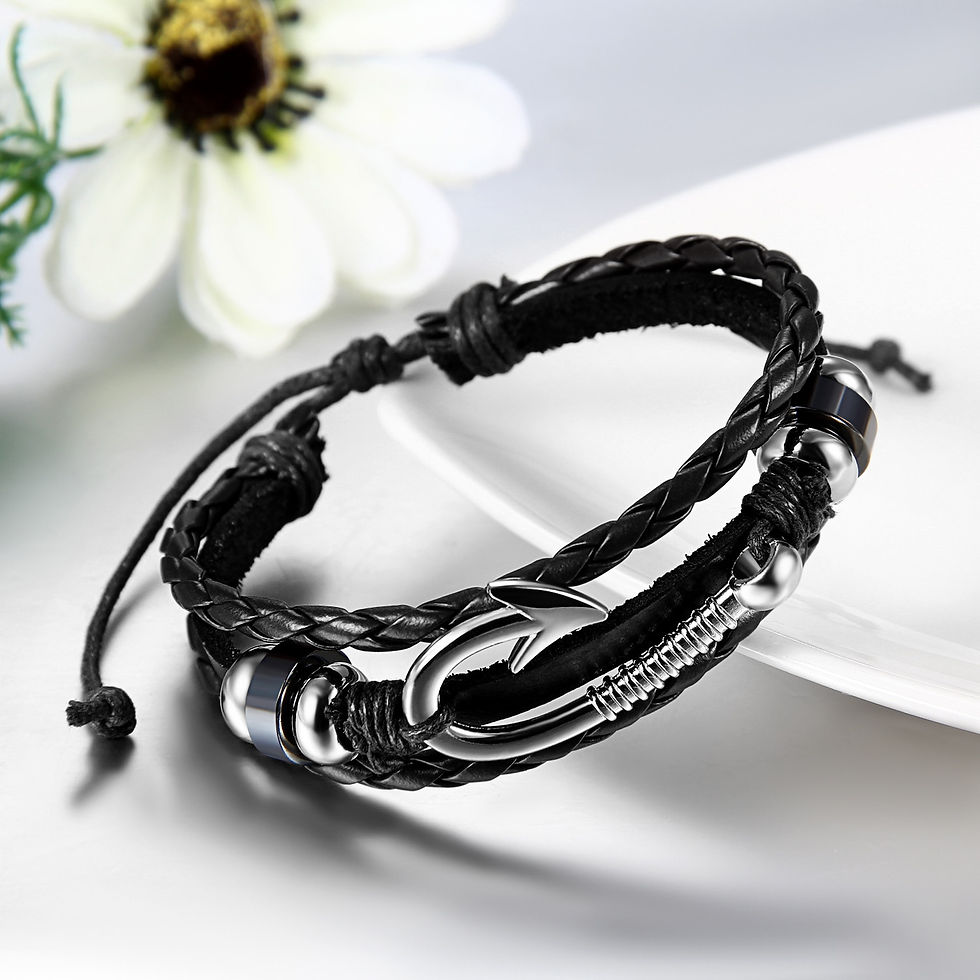 Thumbnail: BONISKISS Multilayer Handmade Fish Hook Genuine Leather Bracelets For Men