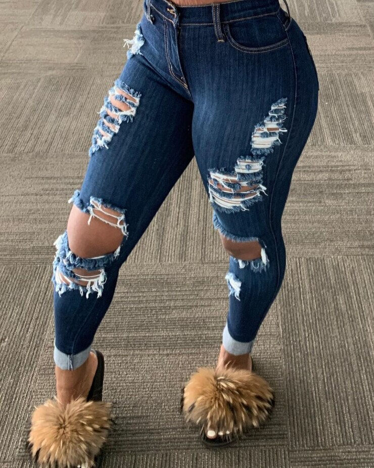 Thumbnail: Women’s Korean Slim Fit Jeans Fashion Solid Color Ripped Hole Tassel Stretch