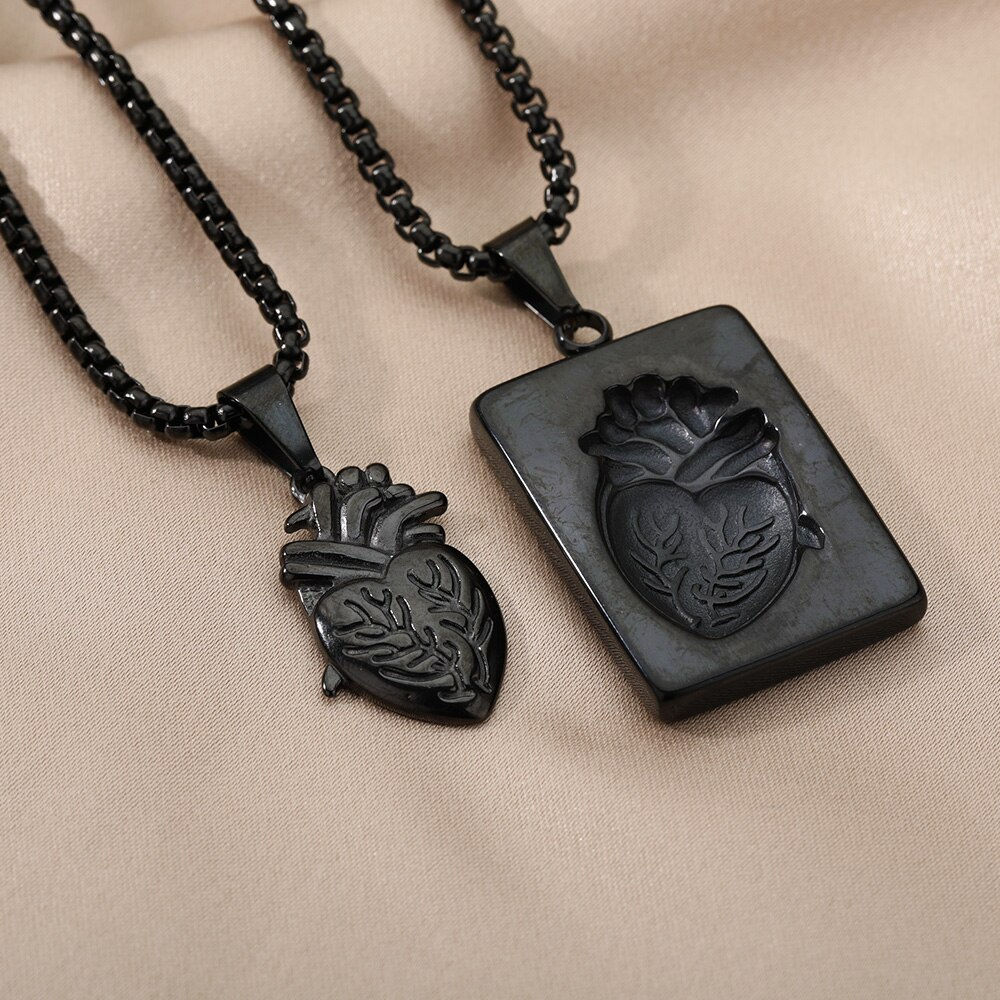 Gothic Anatomical Heart Pendant Necklace Set & Puzzle Couple Stainless Steel