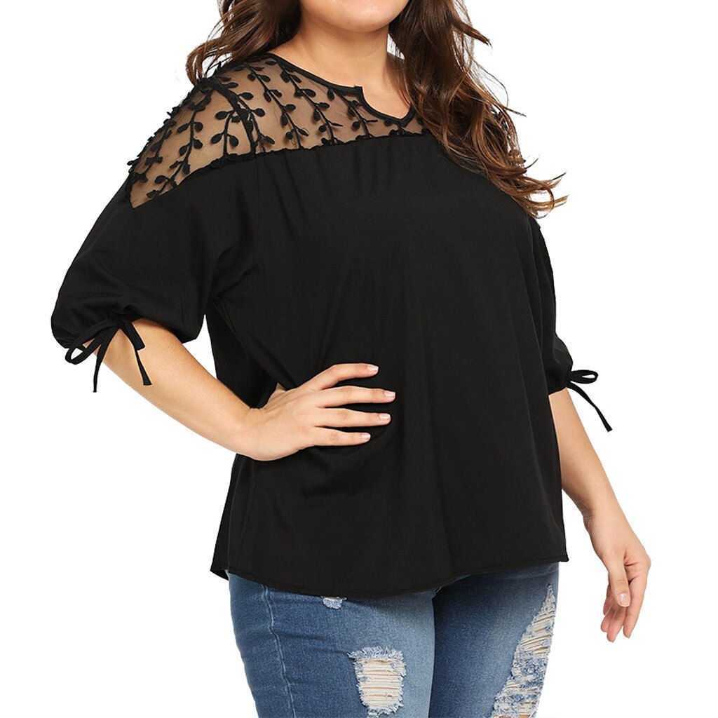 Women Plue Size Blouses Tops Lace Mesh Sheer Chiffon Ribbons Lantern Half