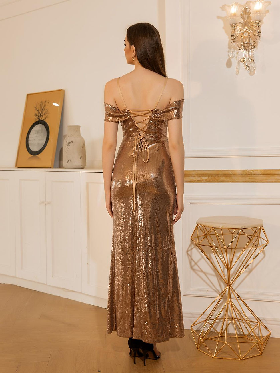 Thumbnail: Angel-Fashions Off Shoulder Cut Out Slit Lace Back Mermaid Gold Prom Dress