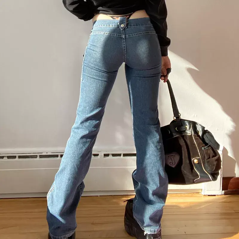 Thumbnail: Y2K Low Waisted Jeans Blue Pockets Bandage Fashion Cargo Pants Aesthetic