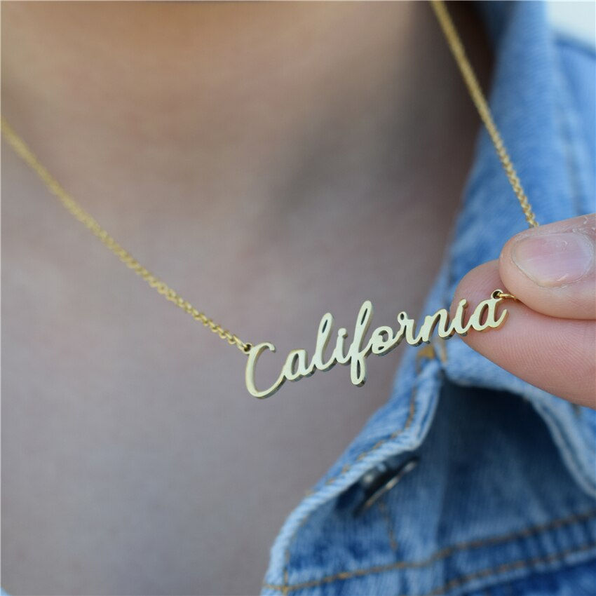 Thumbnail: California Necklace Stainless Steel Gold Plated Handwritten Script Florida New