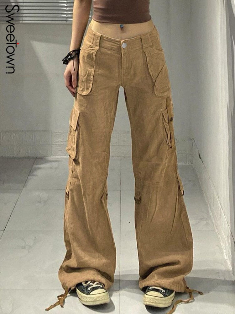 Pikkukuva: Sweetown Khaki Low Waist Straight Leg Denim Cargo Pants Women Y2K