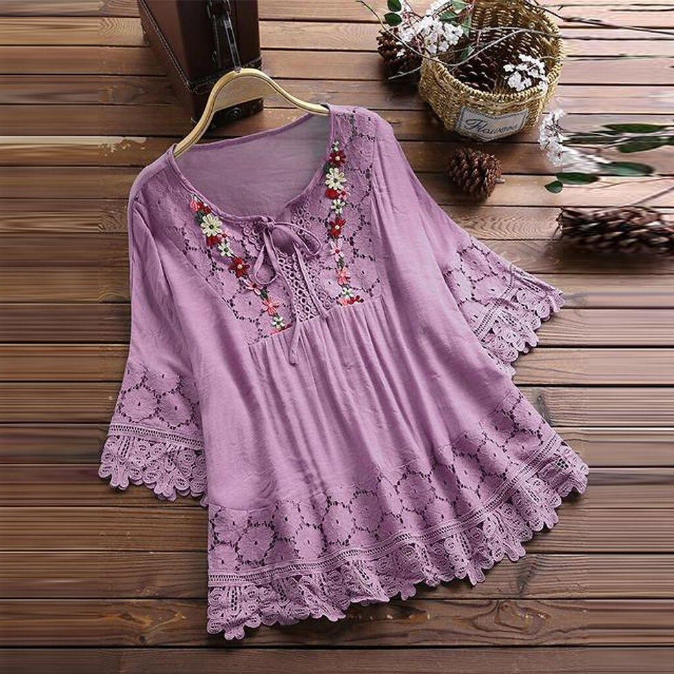 Thumbnail: 2022 Women's Lace Crochet Blouse Elegant Embroidery Tops Hollow Lace Up