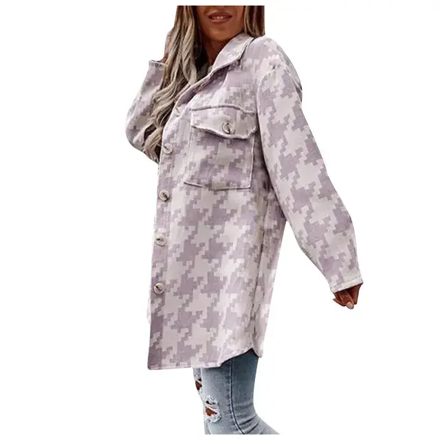 Miniatiūra: 2023 NEW Wool Coat Loose Large Size Long-sleeved Shirt Houndstooth Woolen