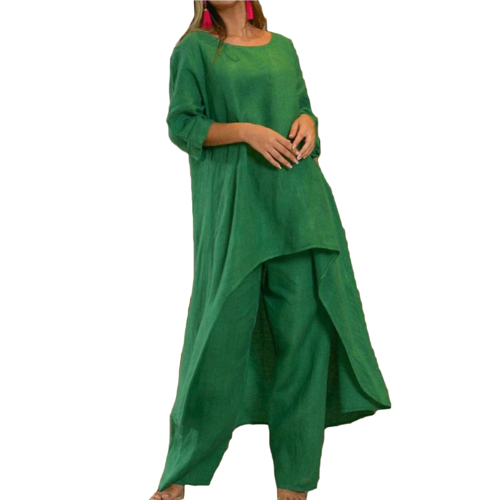 2pcs/set Wide Leg Pants Outfits Cotton Linen Women Irregular Suit Oversize