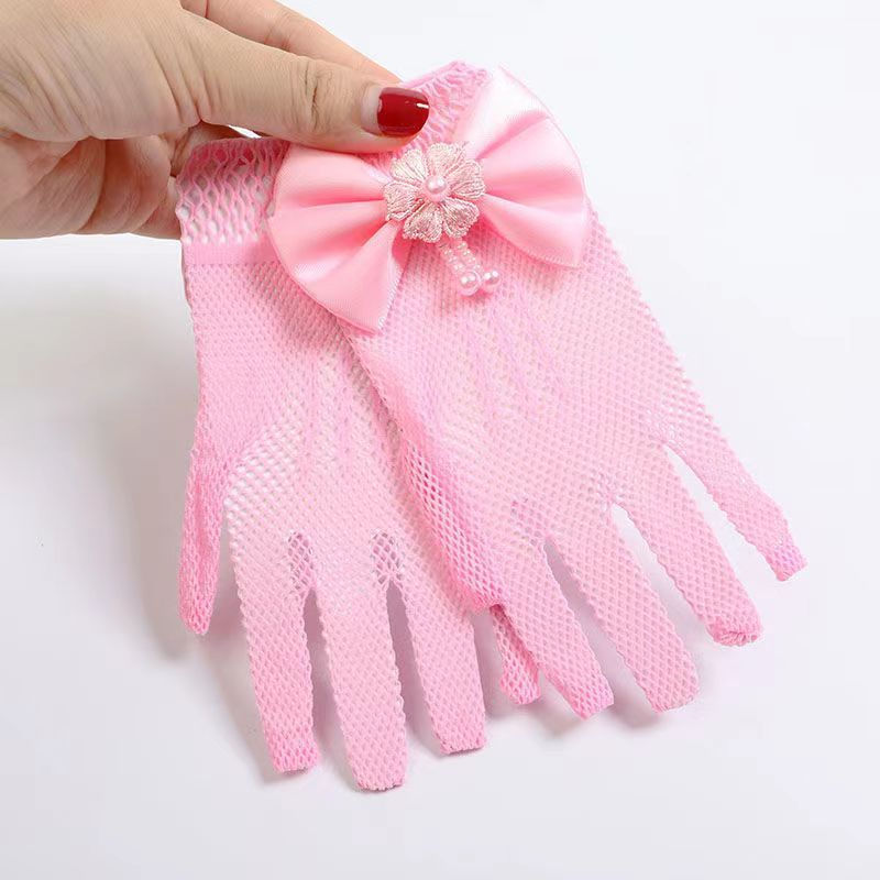 Thumbnail: Sweet Flower Girls Short Gloves Mesh Bow Lace Pearl Decoration Gloves Women