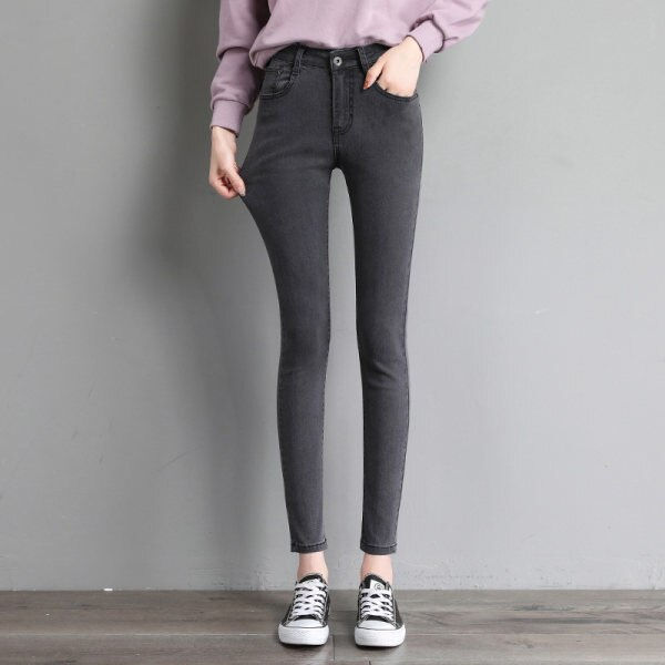 Thumbnail: Jeans for woman high waist full Length skinny pencil black blue Denim pants 100