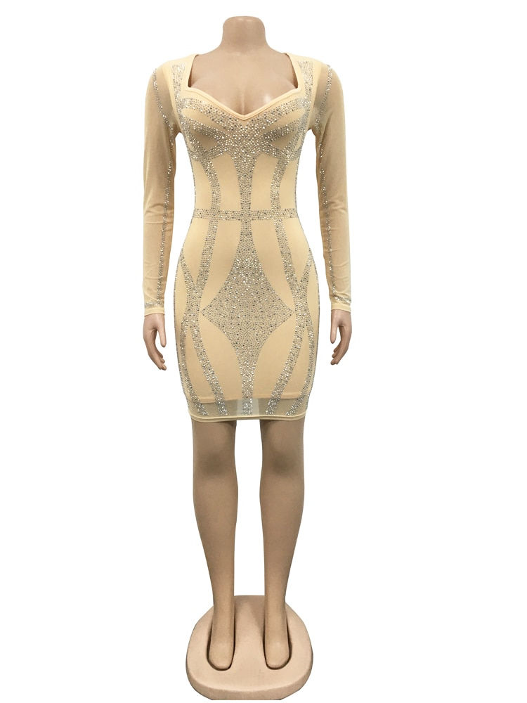 Thumbnail: Kricesseen Gorgeous Black Rhinestone Sheer Mesh Bodycon Dress Womens Long
