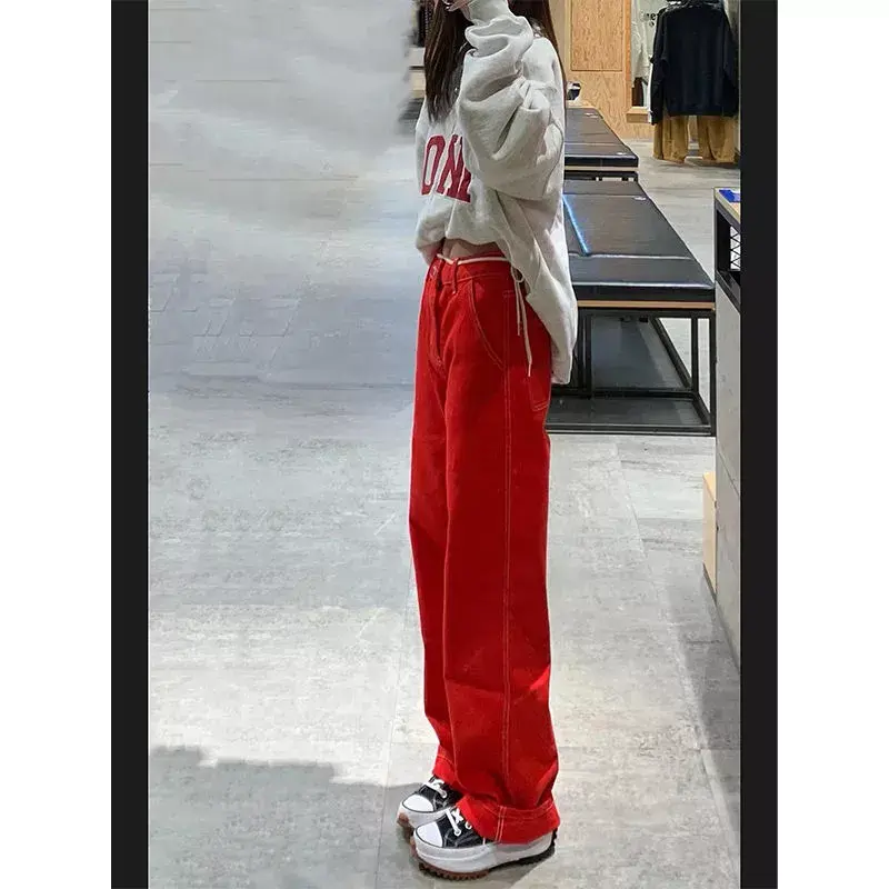 Thumbnail: Street Red Jeans Women's New Loose American Retro High Waist Wide Leg