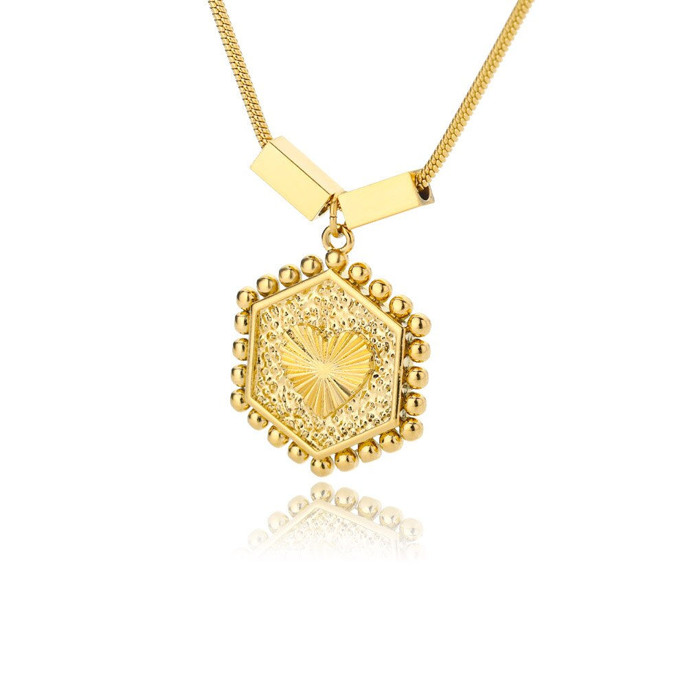 Geometric Hexagon Heart Pendant Necklaces For Women Stainless Steel Double