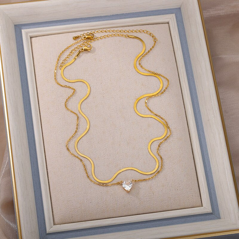 Hình thu nhỏ: Multilayer Transparent Blue Love Heart Zircon Pendant Stacked Chain Necklace