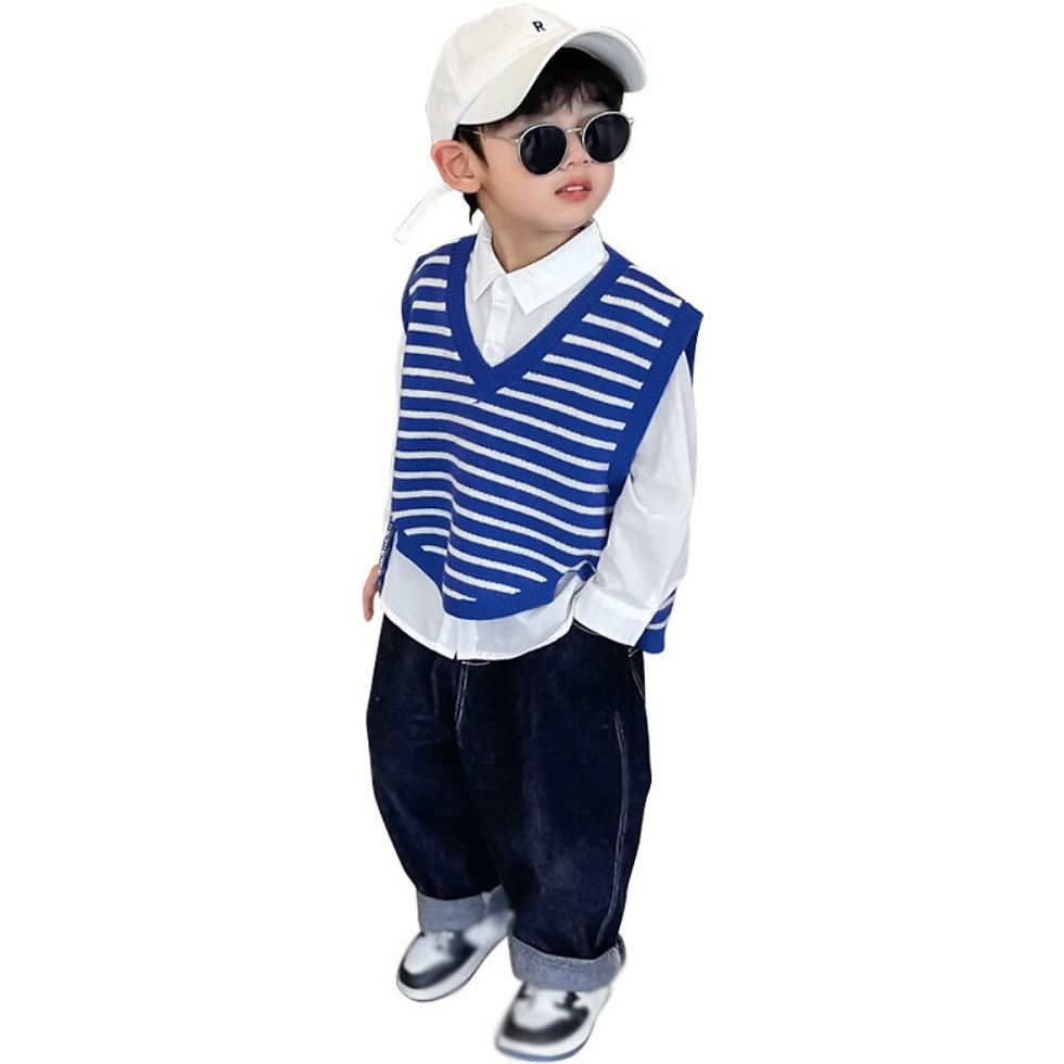 Imej kecil: V Neck Striped Jacquard Knitted Vest for Kids Warm and Stylish Spring Pullover