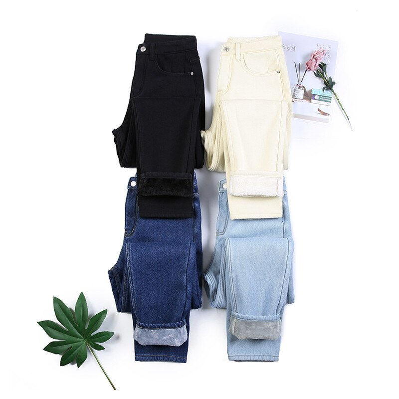Thumbnail: Fleece Jeans Women Baggy Harem Pants Winter New High Waist Straight