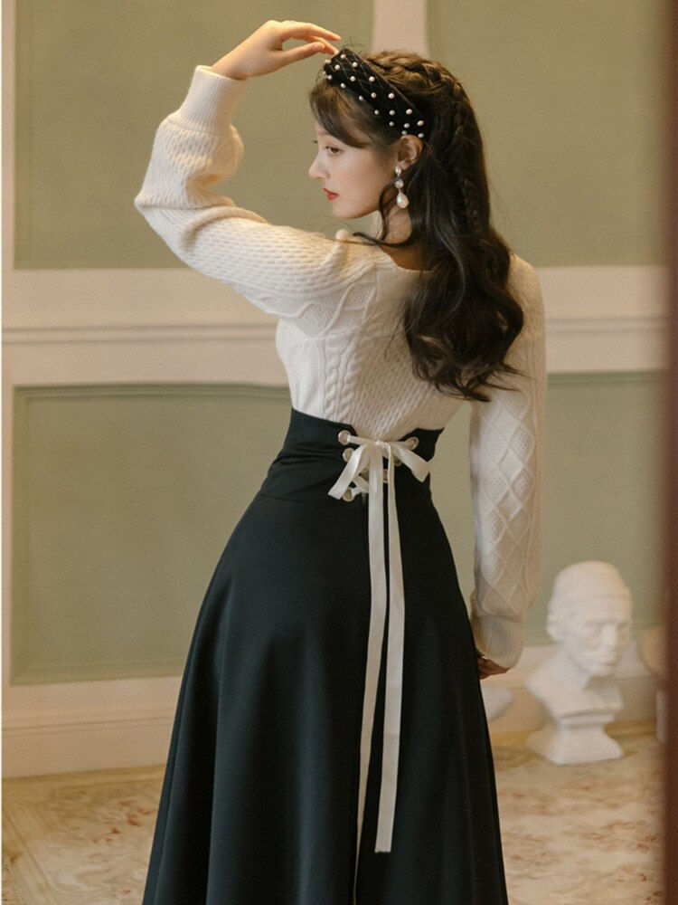 Miniature : Winter Women Two Piece Set Vintage White Long Sleeve Pullover Sweater & Black