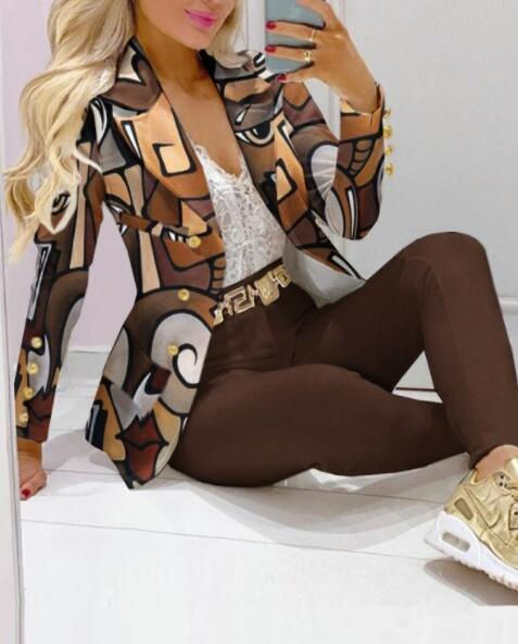Thumbnail: Plaid Print Lapel Collar Blazer & Pants Set Women 2pcs Clothes Suit Pants Suits