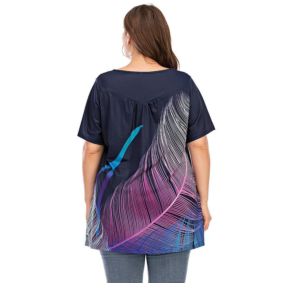 Thumbnail: Plus Size Womens Feather Printed Tunic Tops T-Shirts Button Round Neck Casual