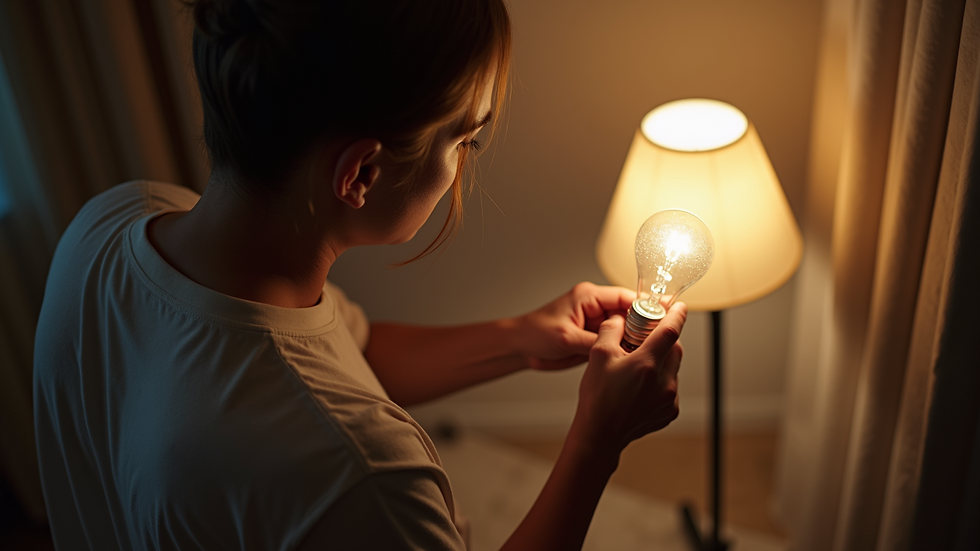 High angle view of a homeowner replacing a light bulb in a lamp