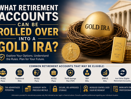 Gold IRA rollover guide showing retirement accounts that may be eligible for rollover