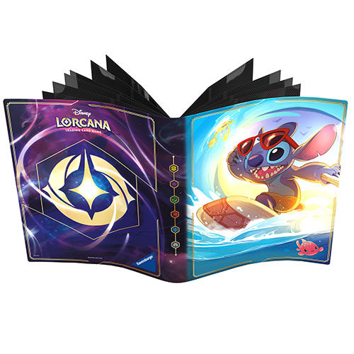 Disney Lorcana TCG portfolio and Stitch surfing the wave. Disney Lorcana TCG 