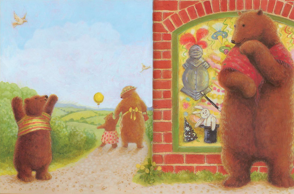 Three bears stroll outdoors; one looks at a colorful shop window. Sunny day, blue sky, green hills, red brick wall, joyful scene.