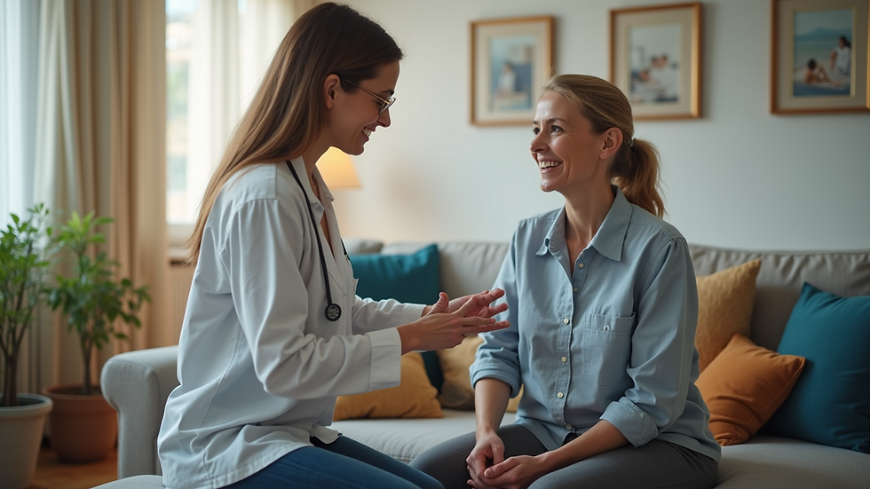Eye-level view of a physiotherapist guiding a patient through exercises in a cozy living room