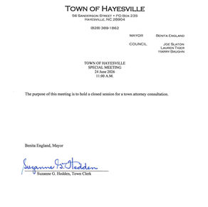 Town of Hayesville Special Meeting