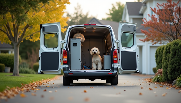 Eye-level view of a mobile pet grooming van parked in a quiet suburban driveway with grooming equipment visible inside