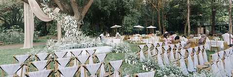 Outdoor wedding ceremony setup in the garden with wooden crossback chairs, white draped aisle, floral arch under a big tree