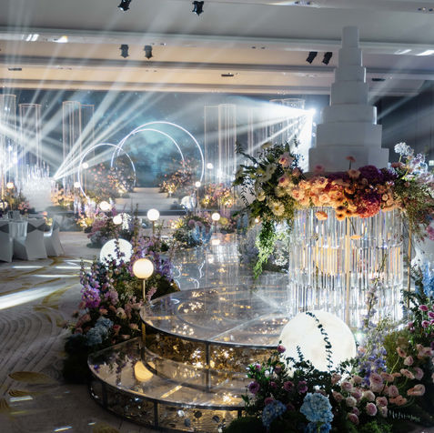 Shimmering crystal curtains against a dark background creating a romantic starry atmosphere.