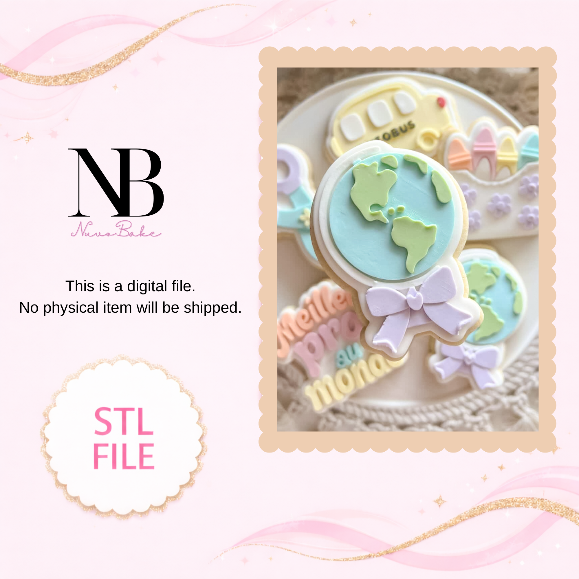 World globe with cute bow - Cutter and Stamp (Digital STL file)