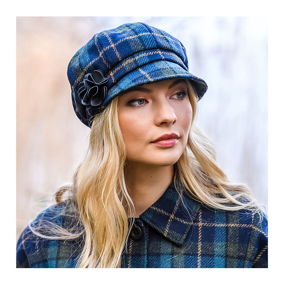 Thumbnail: Mucros Womens Tweed Newsboy Cap - Navy, Green and Teal Check