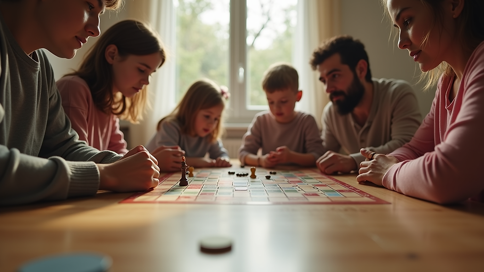 Eye-level view of a family gathered around a table playing a board game