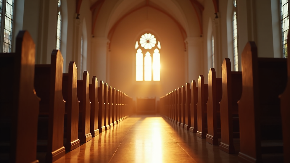 Eye-level view of a serene church interior with warm lighting
