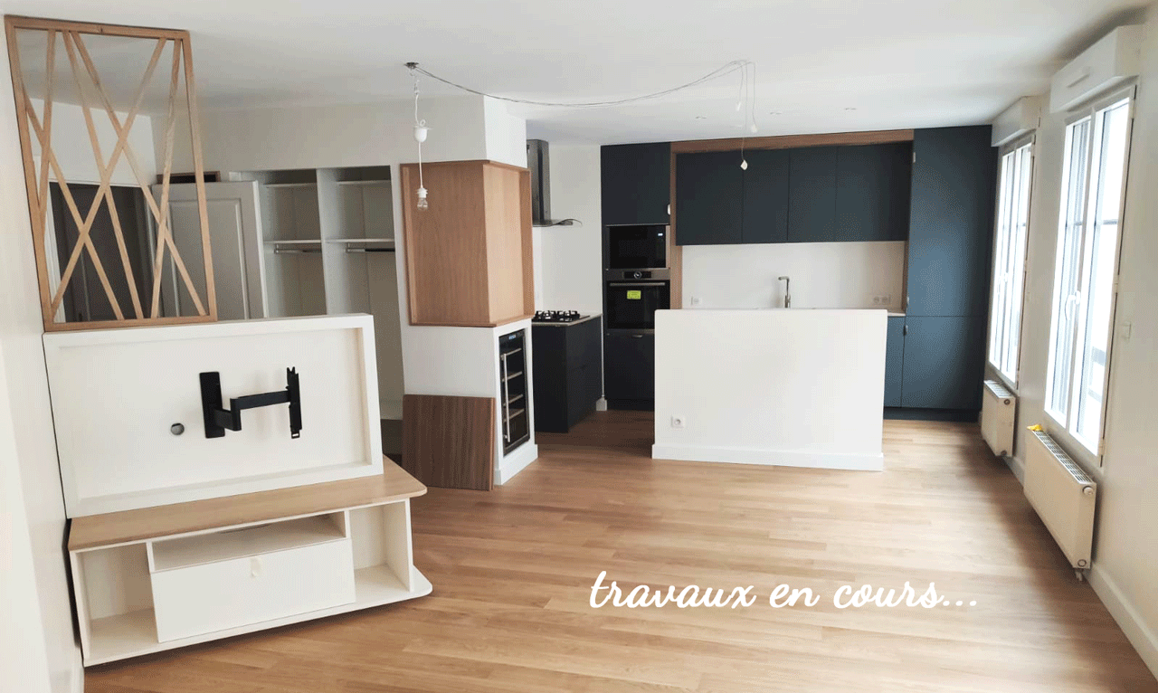 salon cuisine avec meuble sur mesure et claustra créé par Marion Hummer décoratrice d'intérieur Lyon