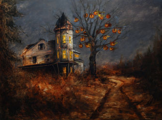 Spooky, Halloween tree, haunted house art by Dark Hollow Arts