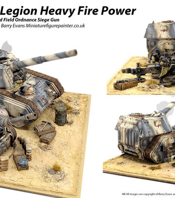 The post showcases a detailed miniature model of a "Basilisk Mars Pattern" and "Field Ordnance Siege Gun" from the Warhammer 40,000 universe, crafted by Barry Evans, reflecting the Armageddon Steel Legion's mechanized infantry aesthetic, which draws inspiration from World War II-era Soviet and German military designs, a nod to their fictional industrial hive world's harsh environment.

