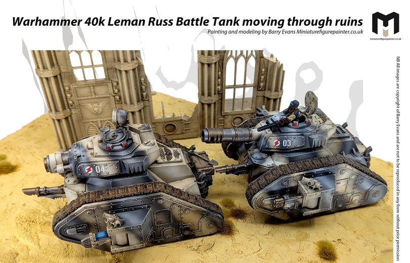 Two Warhammer 40k Leman Russ Battle Tanks moving through ruins. 